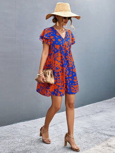 Ruffled Printed V-Neck Short Sleeve Mini Dress