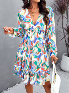 Backless Printed V-Neck Flounce Sleeve Dress