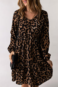 Leopard V-Neck Balloon Sleeve Tiered Dress