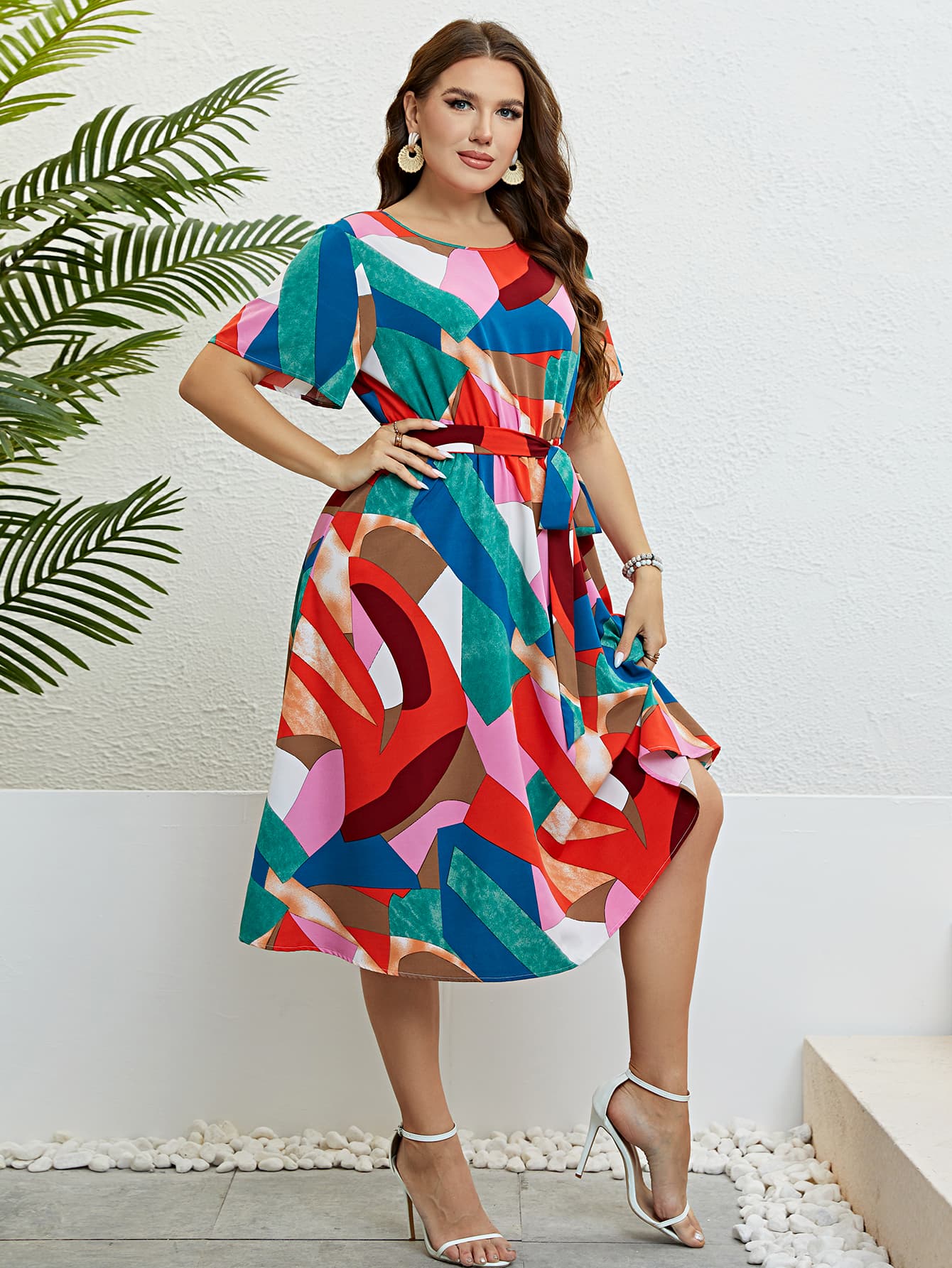 Plus Size Printed Round Neck Tie Belt Dress