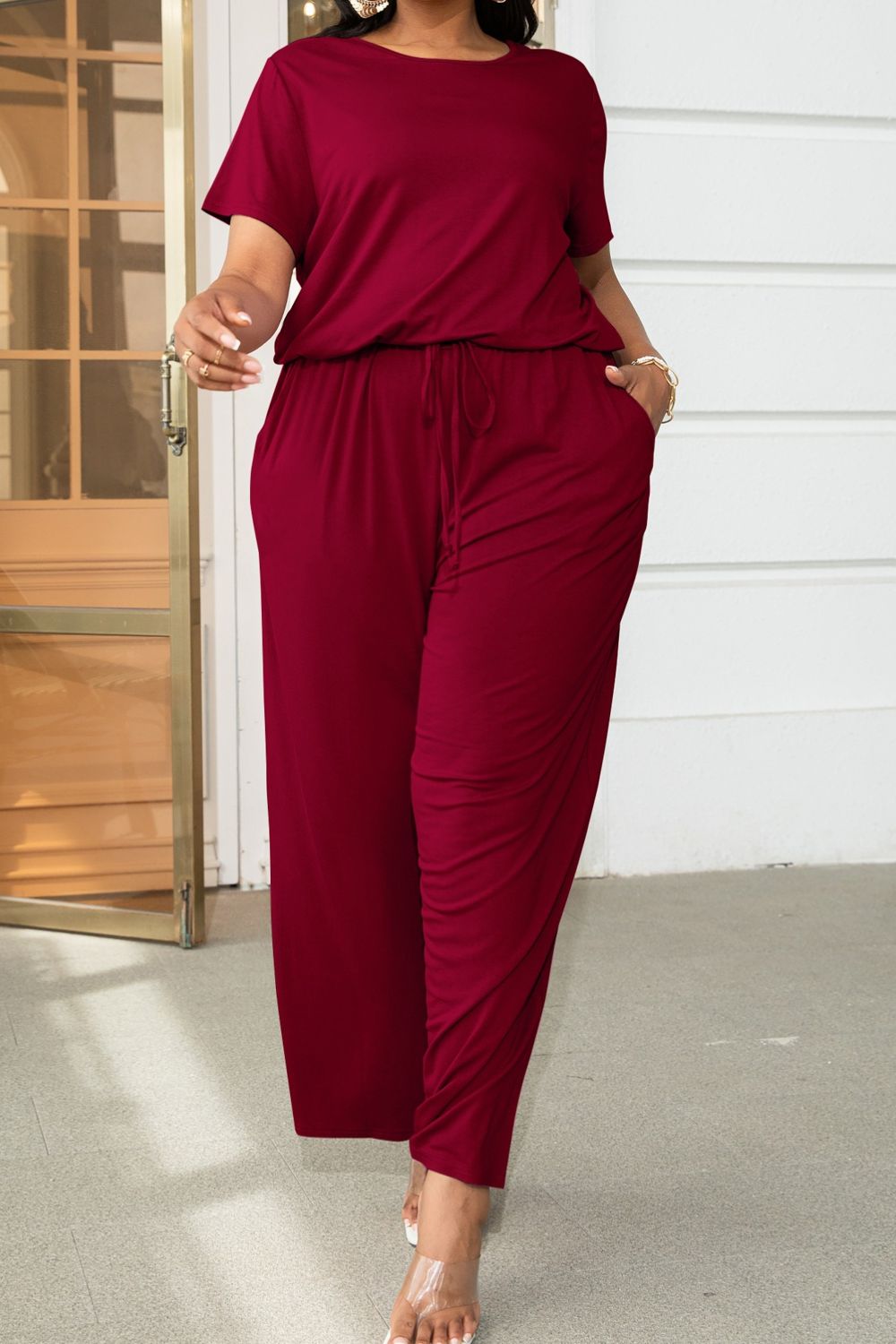 Plus Size Drawstring Waist Short Sleeve Jumpsuit