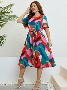 Plus Size Printed Round Neck Tie Belt Dress