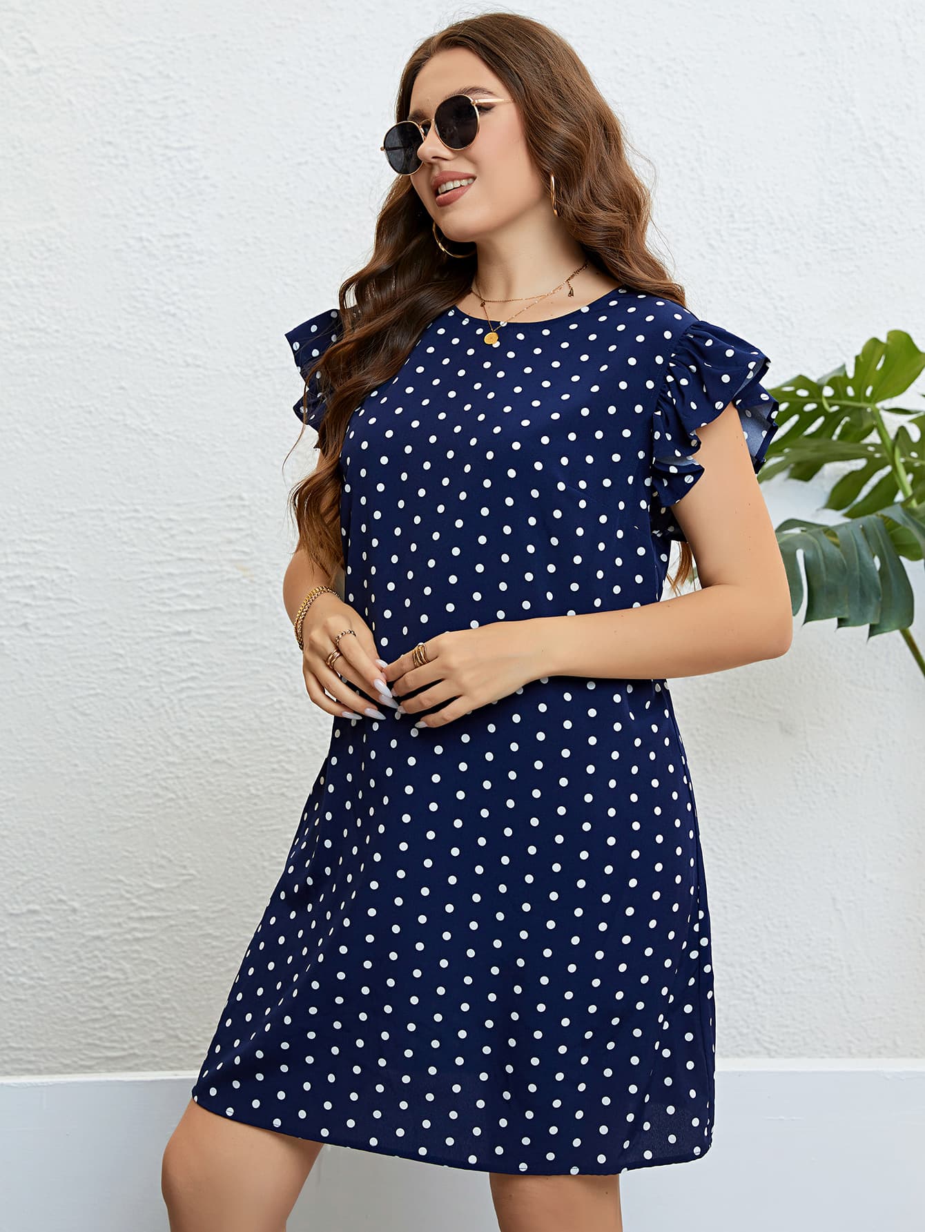 Plus Size Polka Dot Round Neck Dress