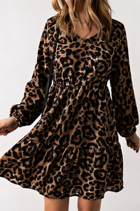 Leopard V-Neck Balloon Sleeve Tiered Dress