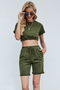 Cropped Tee and Drawstring Waist Shorts Set