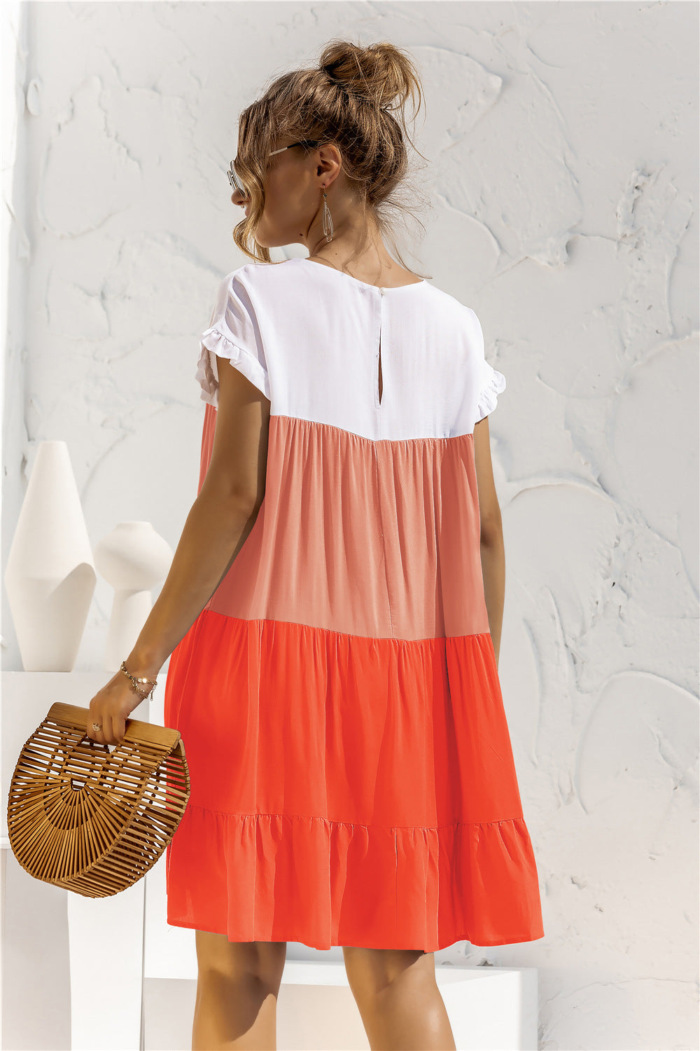 Color Block Round Neck Ruffle Hem Dress